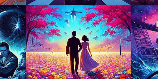 A vibrant collage showcasing action, science fiction, romantic comedy, and thriller movie genres in distinct sections.