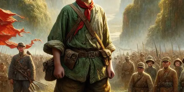 A young boy in a military uniform stands confidently in a lush landscape, surrounded by determined Red Army soldiers.