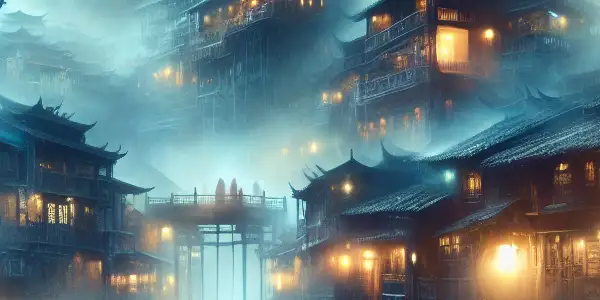 A shadowy figure in traditional attire stands in a foggy, lantern-lit street of a mysterious town.