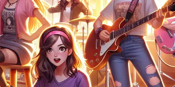 A group of diverse teenage girls passionately rehearsing music in a colorful studio filled with instruments and friendship.