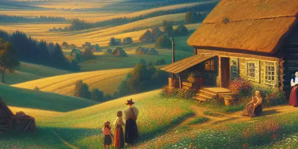 A peaceful rural landscape with a farmhouse, wildflowers, and a family gathering at sunset.