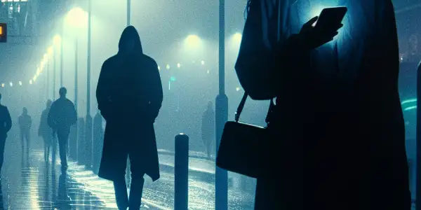 A young woman walks anxiously on a rainy urban sidewalk, unaware of a lurking figure in the shadows.