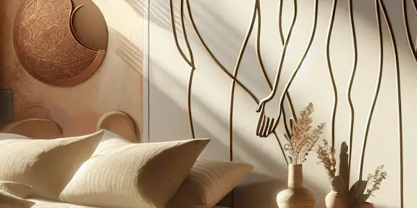 A cozy, softly lit room featuring a plush bed, massage oils, and two abstract figures in a tender embrace.