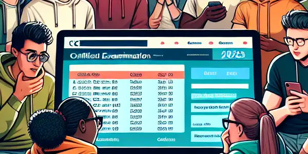 A diverse group of students anxiously gathers around a computer, eagerly checking their 2023 exam results.