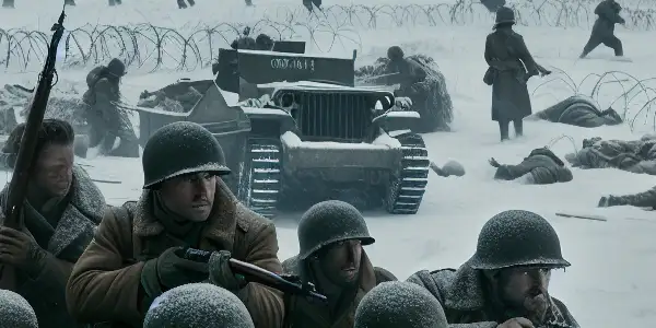 Russian soldiers in winter uniforms prepare for battle in a snowy, desolate landscape of the Eastern Front.