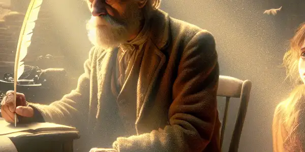 An elderly poet and a curious young girl share a poignant moment in a sunlit, book-filled room.<a href=