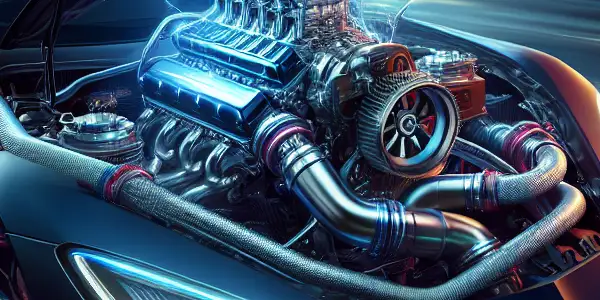 A sleek sports car with an open hood showcasing a glowing turbocharged engine on a blurred racetrack.