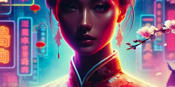 A confident woman in traditional 1990s Hong Kong attire, surrounded by neon lights and cherry blossoms, conveys allure and mystery.