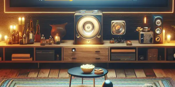 A cozy home theater filled with diverse viewers enjoying a colorful film, surrounded by pillows and popcorn.