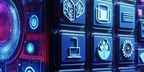 A futuristic digital landscape showcasing a high-tech interface for adult content categories with vibrant icons and security symbols.