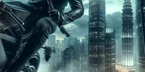 An assassin leaps from a rooftop onto a speeding motorcycle in a dramatic urban landscape at dusk.