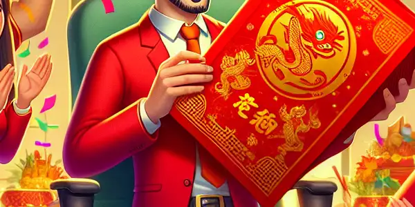 A lively office party scene celebrating Chinese New Year, featuring characters joyfully interacting with a large red envelope.