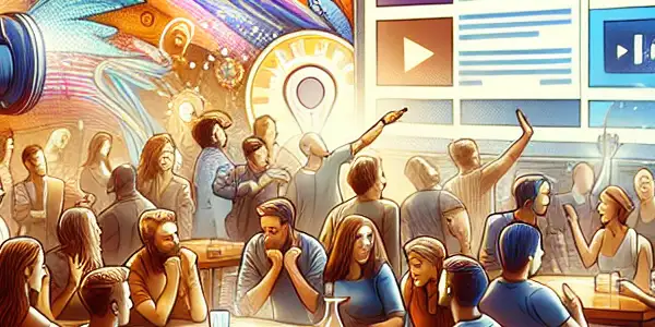 A diverse group discussing and sharing adult video recommendations around a digital screen in a lively online community.