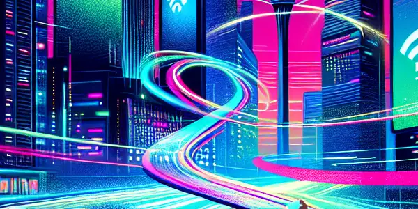 A vibrant urban scene at night with diverse young adults joyfully engaging with devices amidst neon lights and modern architecture.