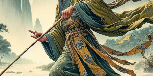 Bodhidharma crossing a river on a reed, surrounded by the misty Shaolin Temple and lush landscape.