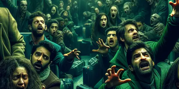 A tense train interior filled with terrified passengers and lurking zombies, creating an atmosphere of panic and chaos.