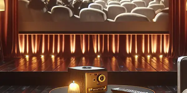 A cozy home theater with a plush sofa, vintage film on screen, popcorn, and warm lighting.