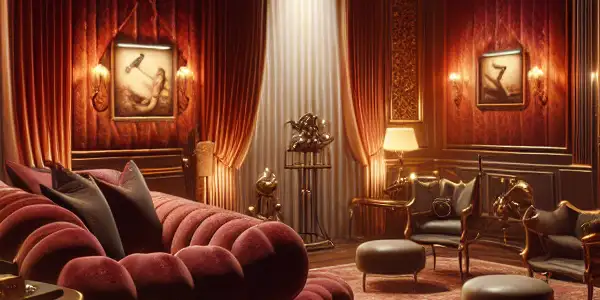 A luxurious, intimate virtual reality room with plush furnishings, tasteful artwork, and a hint of classic adult themes.