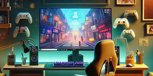 A cozy gaming setup featuring a large screen, comfortable chair, and safety reminders for adult gamers.