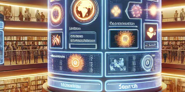 A futuristic library with glowing screens showcasing diverse multimedia content, filled with people engaging and collaborating.
