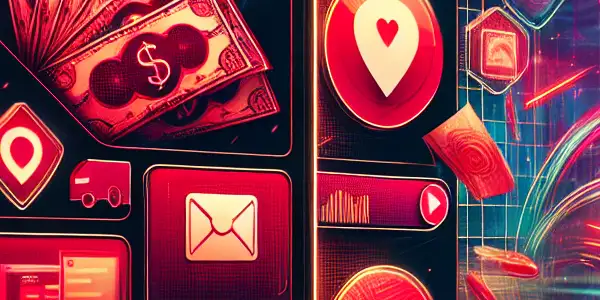 A vibrant digital environment showcasing a mobile app for fast adult entertainment with playful icons and a nightlife backdrop.