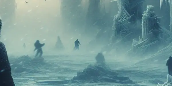 A lone figure in winter clothing stands in a chilling, icy landscape, sensing unseen dangers amidst swirling snowflakes.