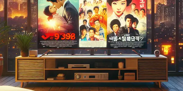 A cozy living room featuring a large TV displaying iconic Asian film posters and shelves of movie memorabilia.