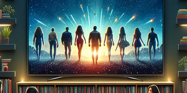 A cozy living room with friends enjoying a movie night, featuring a large screen, snacks, and film memorabilia.