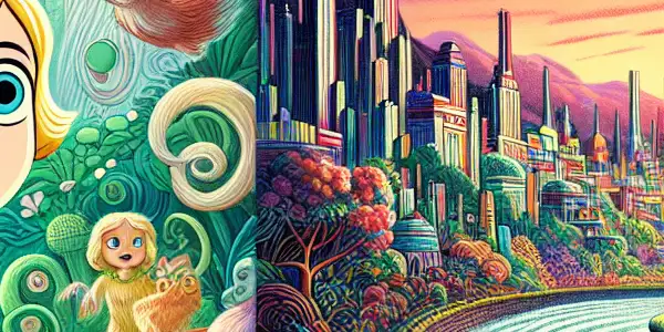A young girl explores a vibrant, whimsical world filled with spirits, animated toys, and dynamic cityscapes.