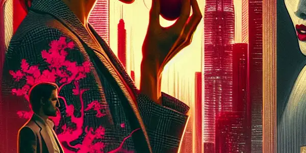 A contemplative Fan Bingbing in an urban landscape at dusk, surrounded by symbols of love and betrayal.