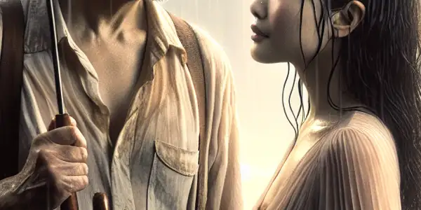 A middle-aged man and a young woman share a poignant moment under an umbrella on a rainy urban street.