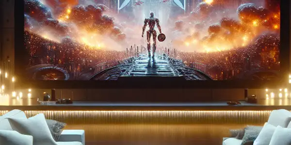 A cozy, futuristic home theater with a high-definition screen, plush sofa, and ambient LED lighting for an immersive movie experience.