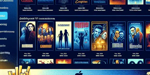 A cozy home-theater scene featuring a computer screen displaying an online movie platform with diverse film thumbnails and inviting ambiance.