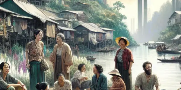 A diverse group of lower-class individuals by a Taiwanese riverbank, showcasing their struggles and connections amidst nature.