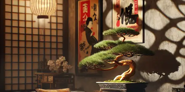 A cozy Tokyo apartment with vintage film posters, a projector, and elements of modern and traditional Japanese decor.