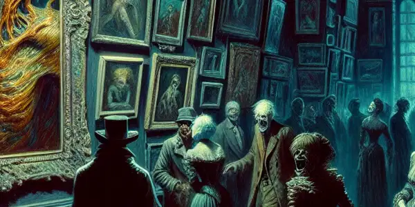 A dimly lit art gallery features unsettling artworks, with onlookers captivated by a grotesque painting amid eerie shadows.<a href=