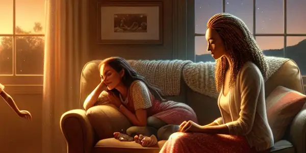 A young stepmother interacts with her new children in a warmly lit living room, conveying intimacy and emotional complexity.