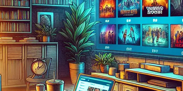 A cozy home theater scene with a couch, large screen displaying movie thumbnails, popcorn, and a laptop.