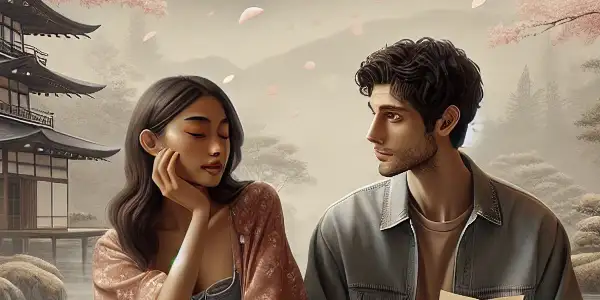 A young couple shares an intimate moment under cherry blossoms, surrounded by a serene Japanese landscape.