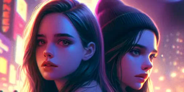 Two teenage girls on a bustling city street at dusk, embodying friendship and moral conflict amidst neon lights.