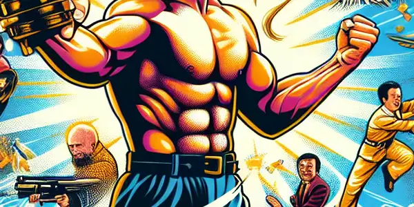 Sammo Hung in a dynamic kung fu pose, surrounded by colorful martial arts props and iconic film titles.