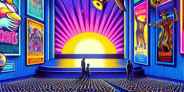 A lively movie theater scene filled with enthusiastic moviegoers enjoying colorful butt-themed film posters and playful snacks.