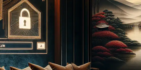 A cozy, dimly-lit room with a screen displaying a serene Japanese landscape and elements of safety in adult entertainment.