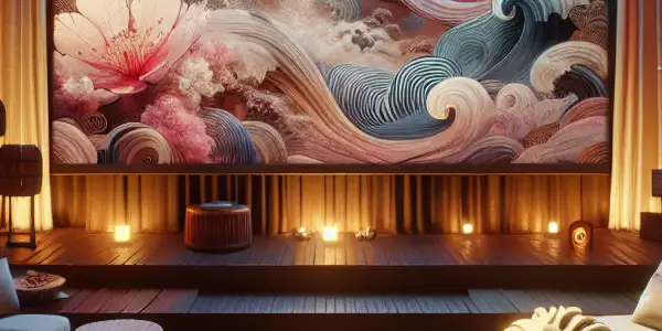 A modern viewing room with a large screen, plush sofa, and subtle Japanese motifs, evoking sensuality and intimacy.