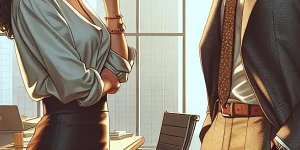 A modern office scene featuring a secretary and her boss engaged in a playful yet professional interaction.
