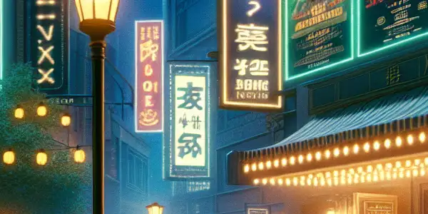 A lively neon-lit street scene showcasing diverse people discussing Japanese adult films, with vibrant billboards and a playful atmosphere.