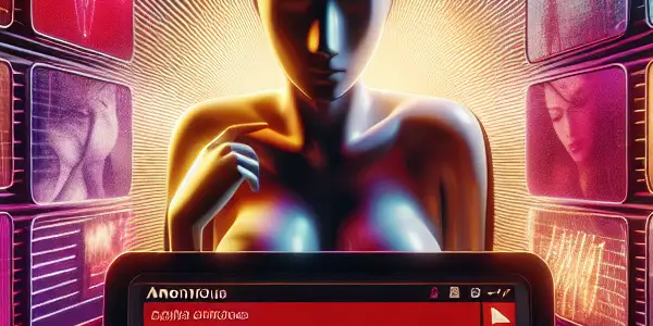 A modern digital interface for an adult film streaming platform, featuring vibrant movie thumbnails and a user browsing privately.