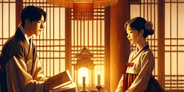 A couple shares an intimate moment in a dimly lit traditional Korean room, surrounded by romantic decor and soft candlelight.