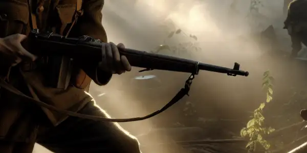 A courageous teenage soldier, Zhang Ga, in a misty forest, poised for action during guerrilla warfare.