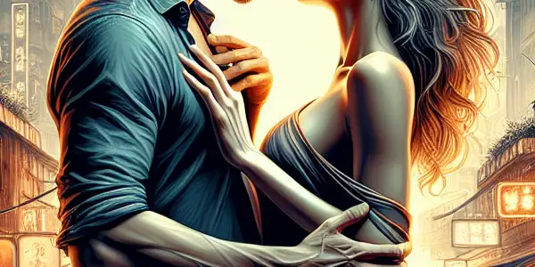 A romantic embrace between two lovers amidst a vibrant, bustling Hong Kong cityscape.